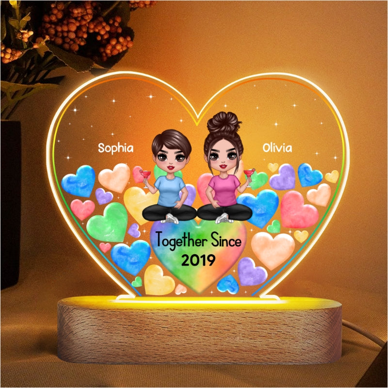 LGBT Doll Couple Hearts In Heart Personalized Heart Acrylic Plaque With LED Night Light