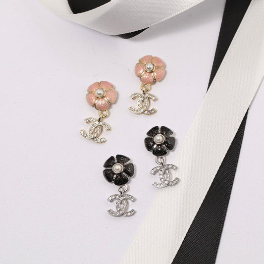 18K Chanel Black & Pink Camellia Diamond Earrings
