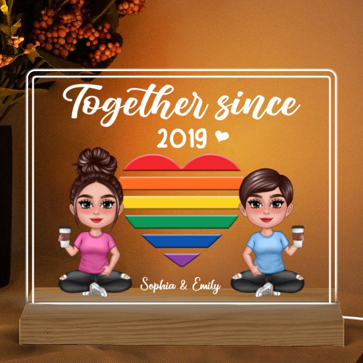 LGBT Doll Couple Sitting Together Since Personalized Acrylic Custom Shape LED Night Light