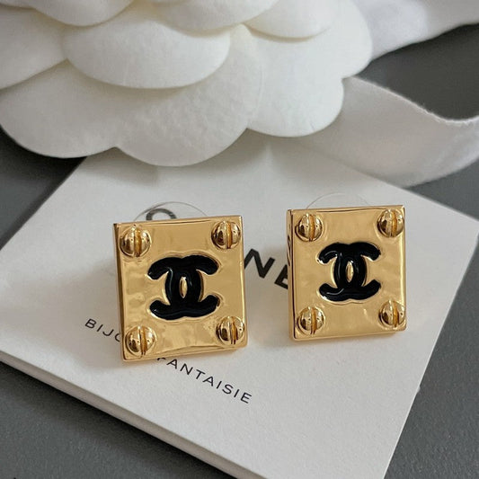 18K  Chanel Black Gold Square Earrings