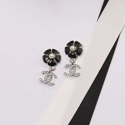 18K  Chanel Black & Pink Camellia Diamond Earrings