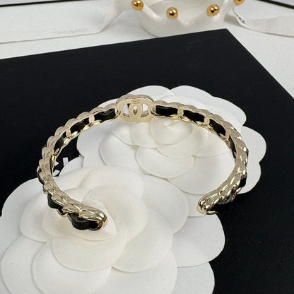 18K  Chanel Black Leather Cuff Bracelet