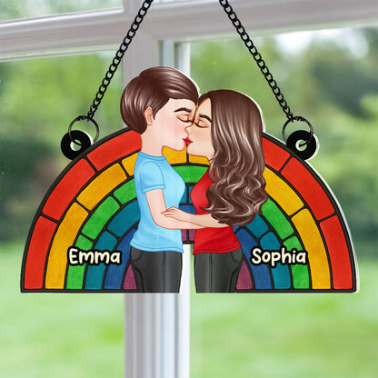LGBT Flag Rainbow Couple Kissing Personalized Suncatcher